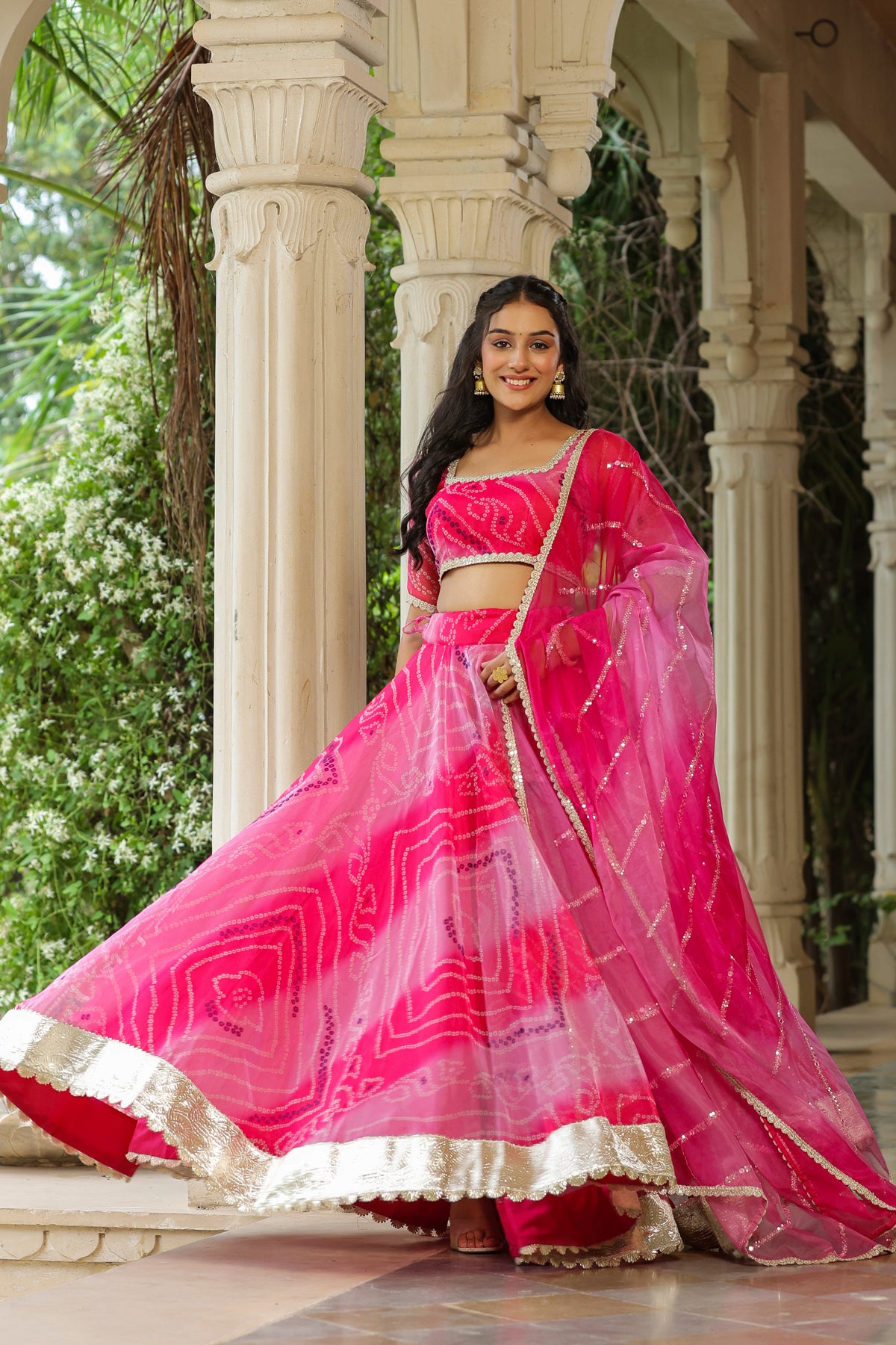 French Rose Organza Bandhani Print Lehenga Set