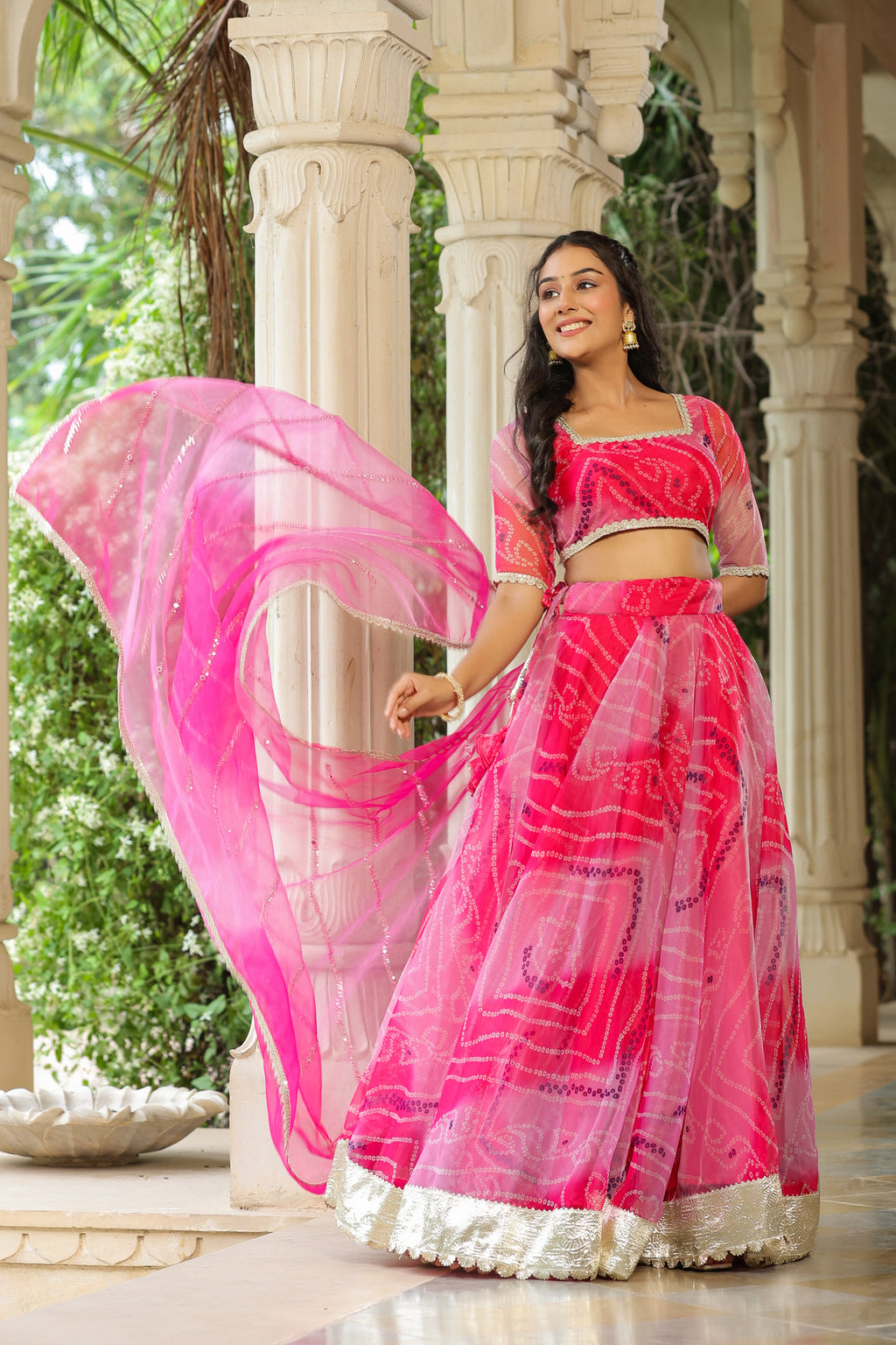 French Rose Organza Bandhani Print Lehenga Set
