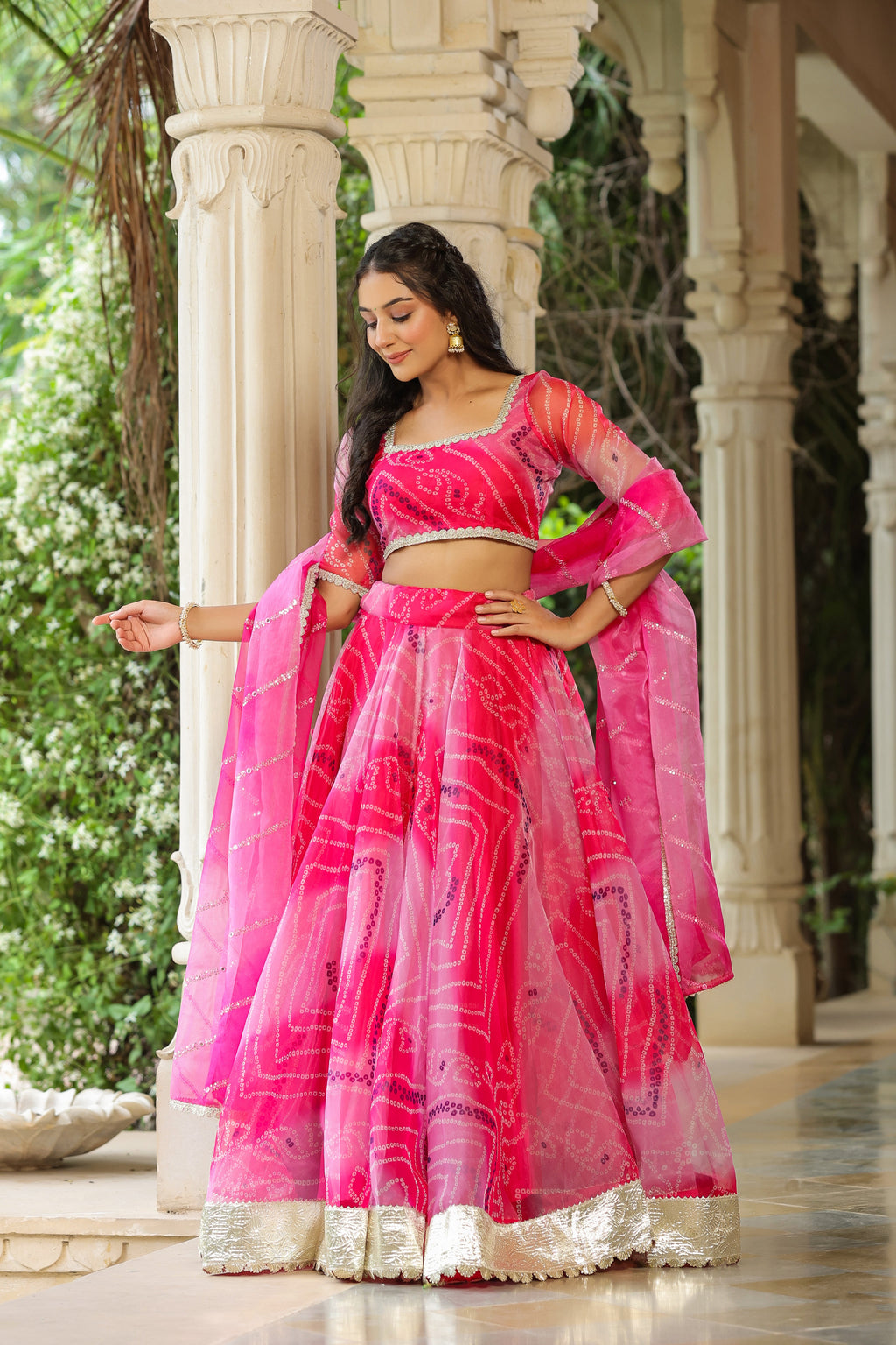 French Rose Organza Bandhani Print Lehenga Set