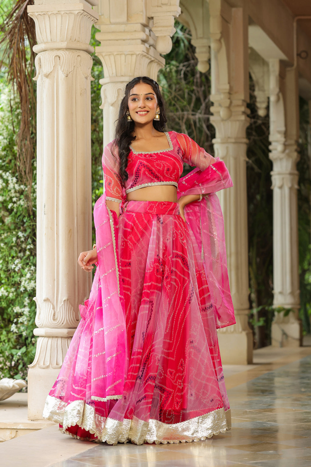 French Rose Organza Bandhani Print Lehenga Set