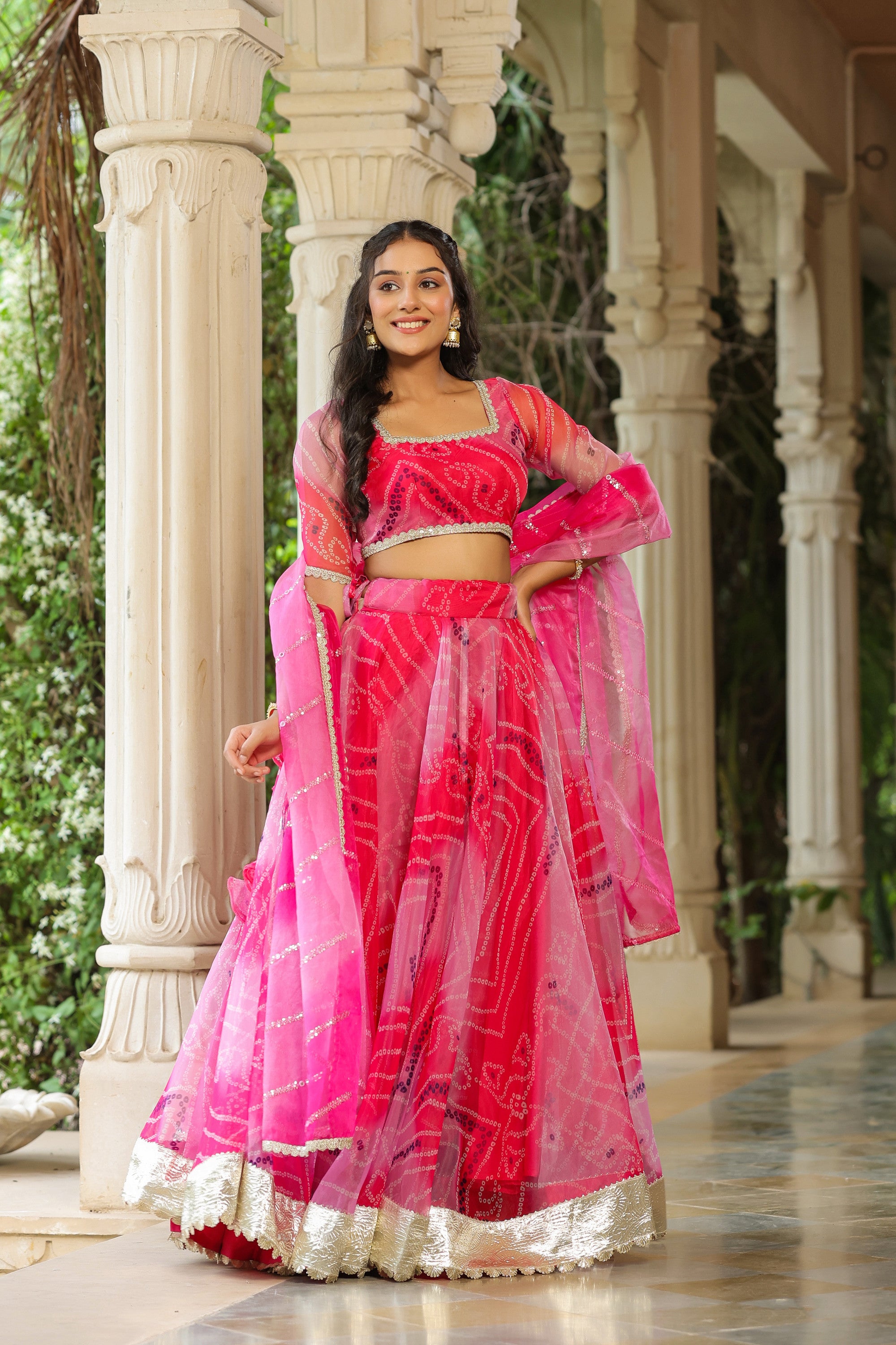 French Rose Organza Bandhani Print Lehenga Set