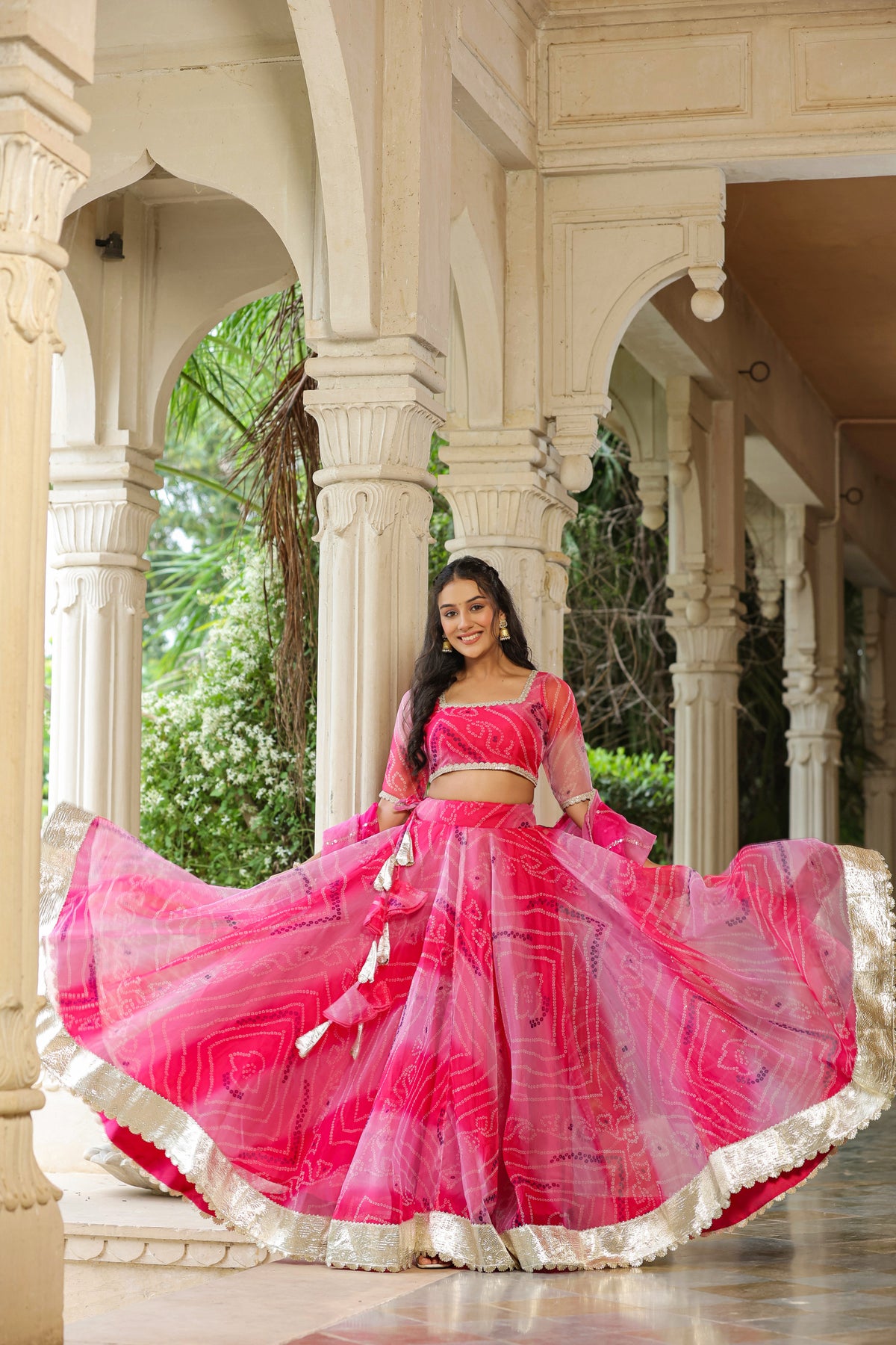 French Rose Organza Bandhani Print Lehenga Set
