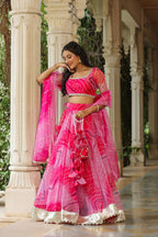 French Rose Organza Bandhani Print Lehenga Set