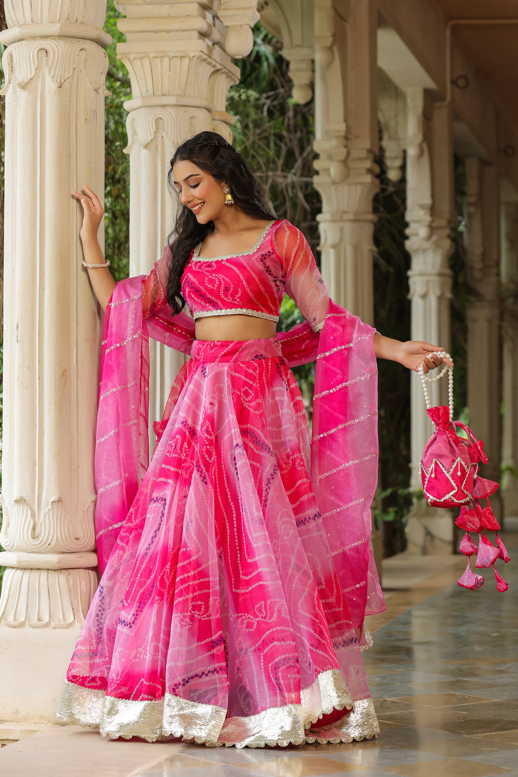 French Rose Organza Bandhani Print Lehenga Set