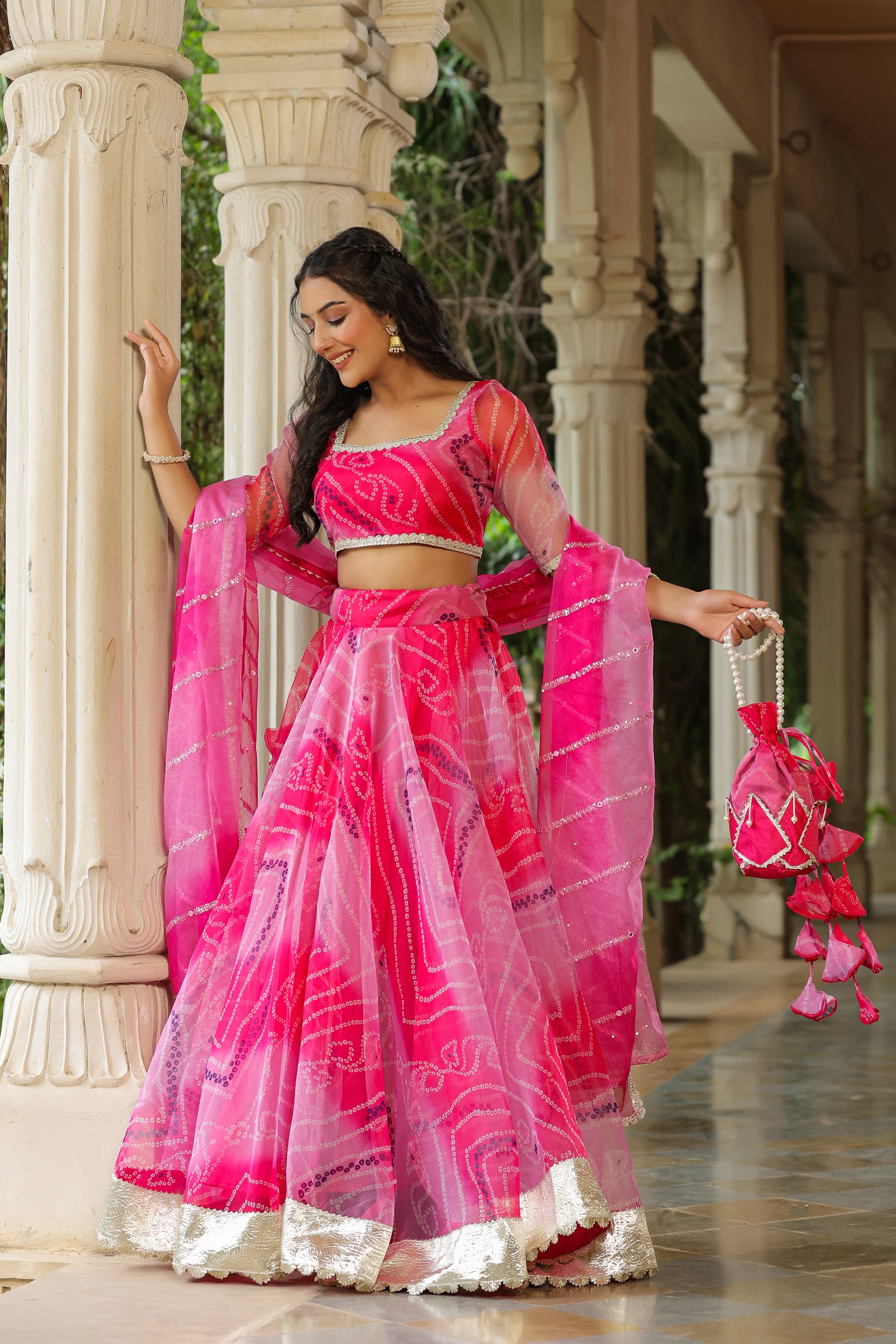 French Rose Organza Bandhani Print Lehenga Set