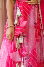 French Rose Organza Bandhani Print Lehenga Set
