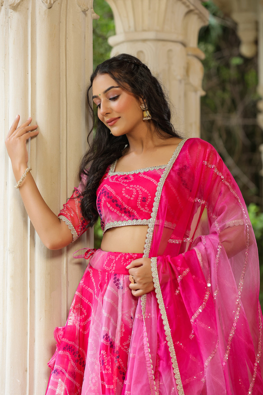 French Rose Organza Bandhani Print Lehenga Set