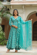 Pelorous Blue Cotton Anarkali Suit Set