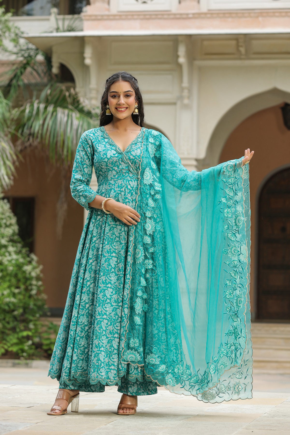 Pelorous Blue Cotton Anarkali Suit Set