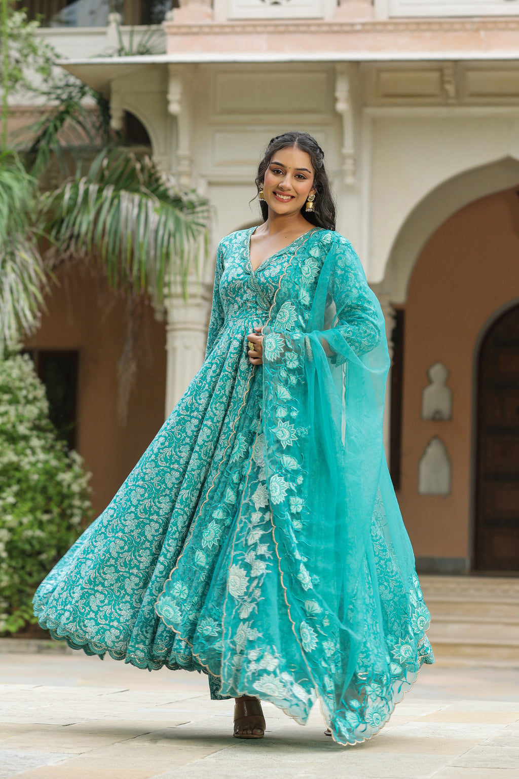Pelorous Blue Cotton Anarkali Suit Set