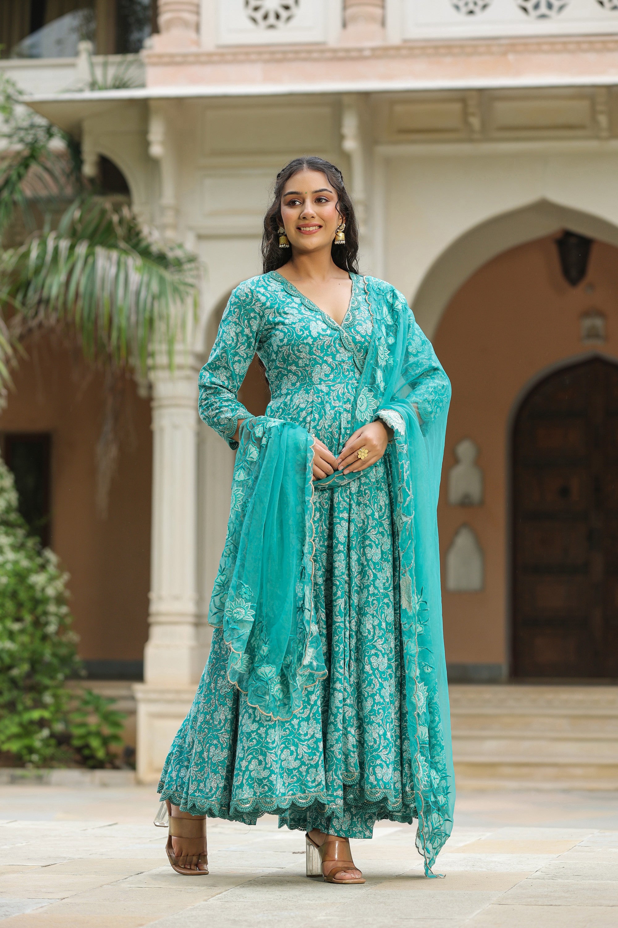 Pelorous Blue Cotton Anarkali Suit Set