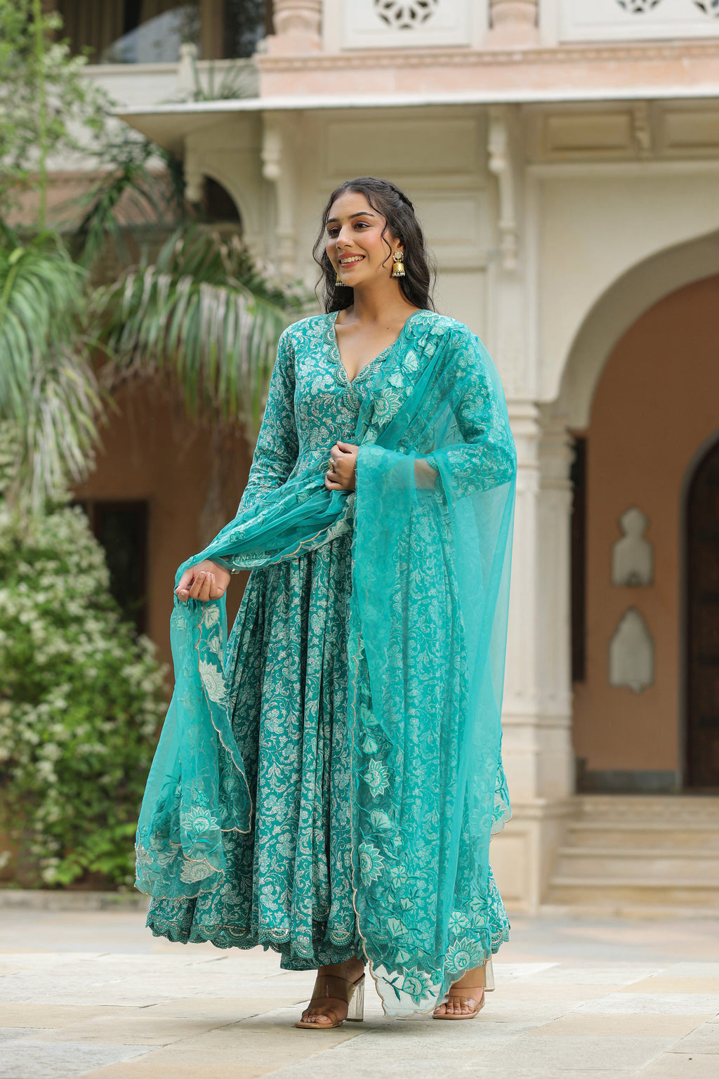 Pelorous Blue Cotton Anarkali Suit Set