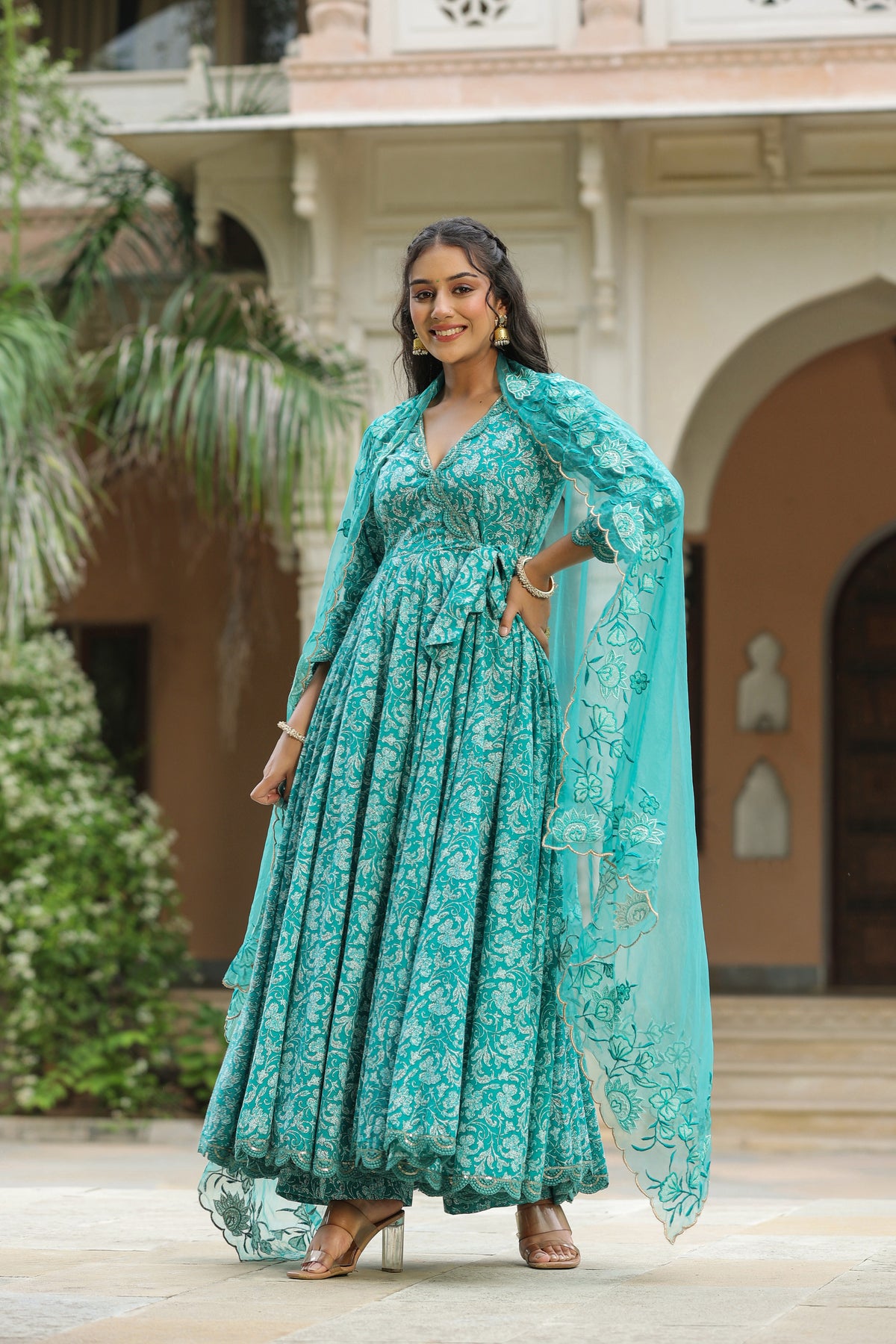 Pelorous Blue Cotton Anarkali Suit Set