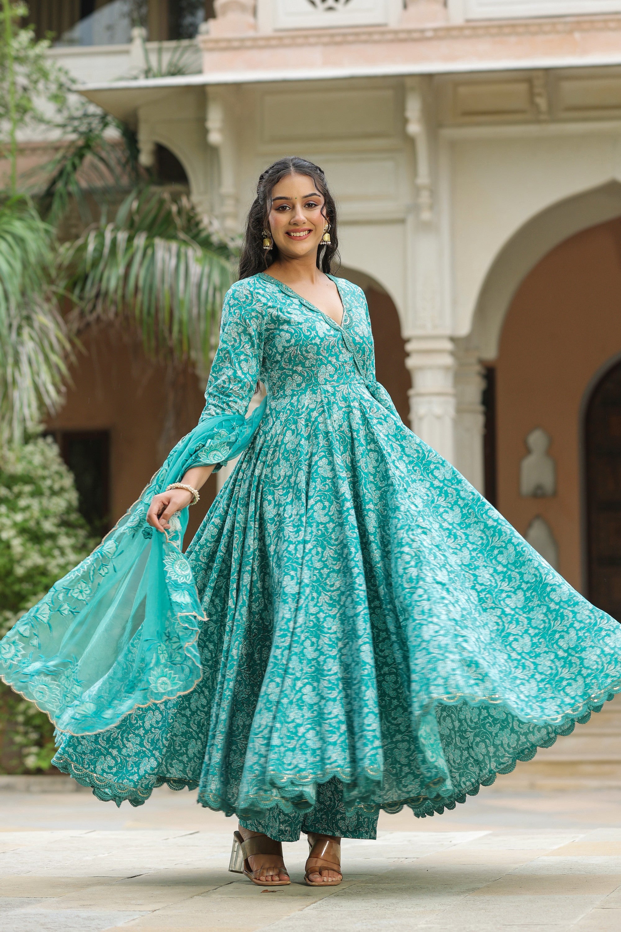 Pelorous Blue Cotton Anarkali Suit Set