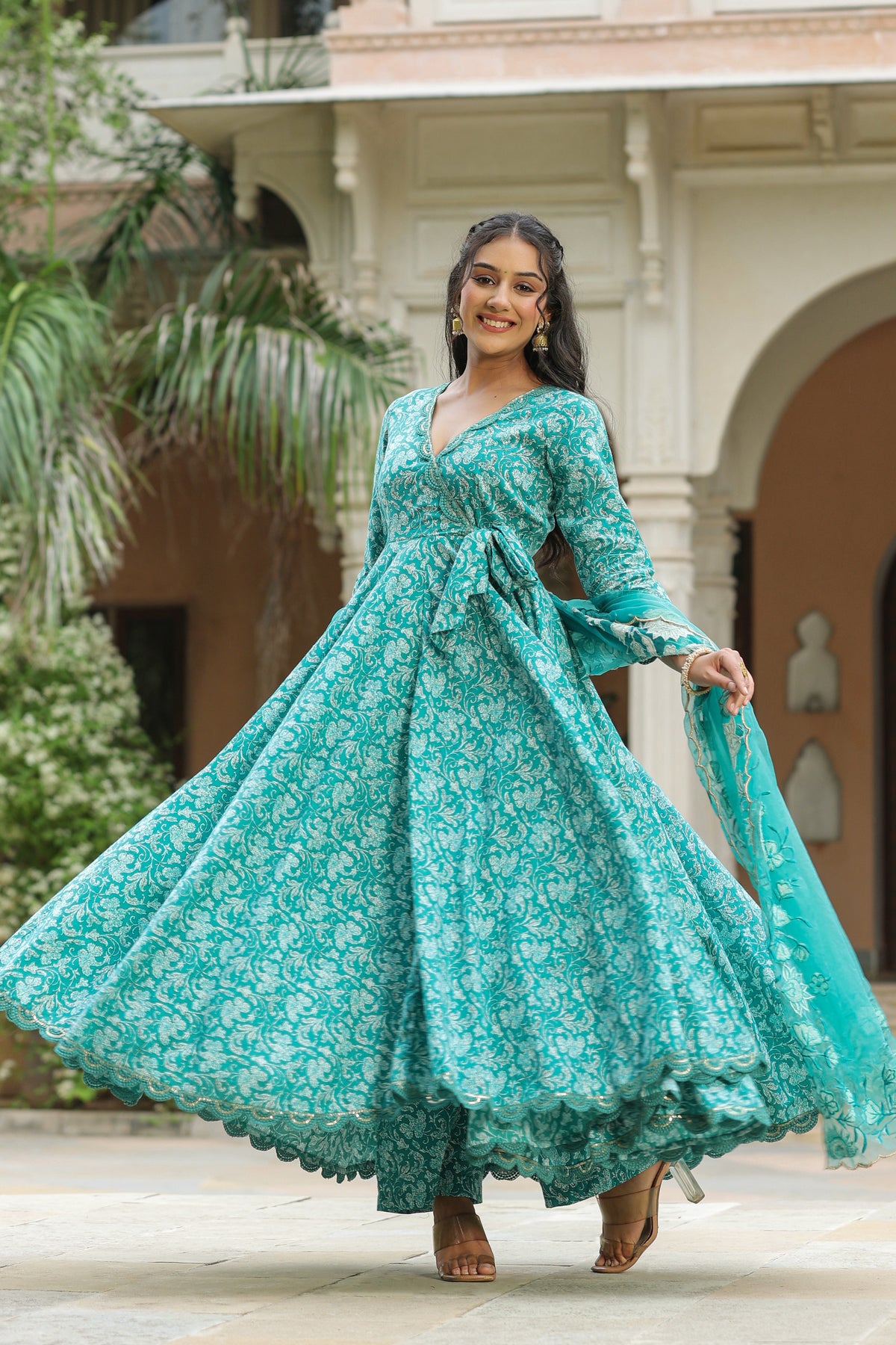 Pelorous Blue Cotton Anarkali Suit Set