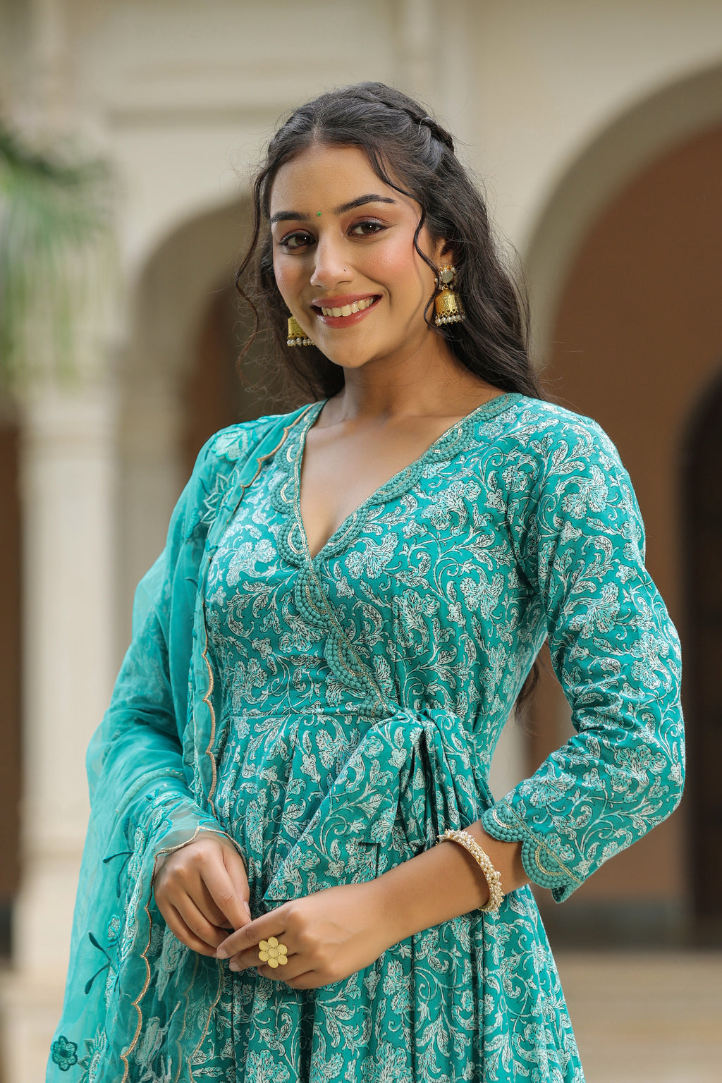Pelorous Blue Cotton Anarkali Suit Set