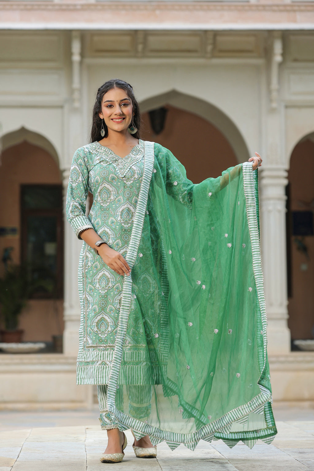 Green Printed Cotton Embroidered Kurta Suit- Set Of 3