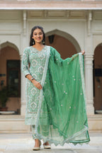 Green Printed Cotton Embroidered Kurta Suit- Set Of 3