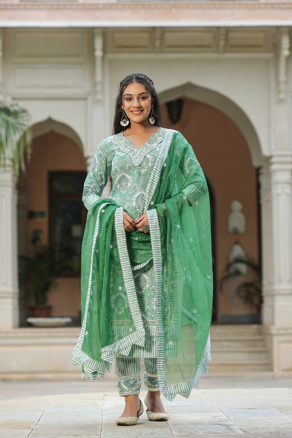 Green Printed Cotton Embroidered Kurta Suit- Set Of 3