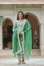 Green Printed Cotton Embroidered Kurta Suit- Set Of 3