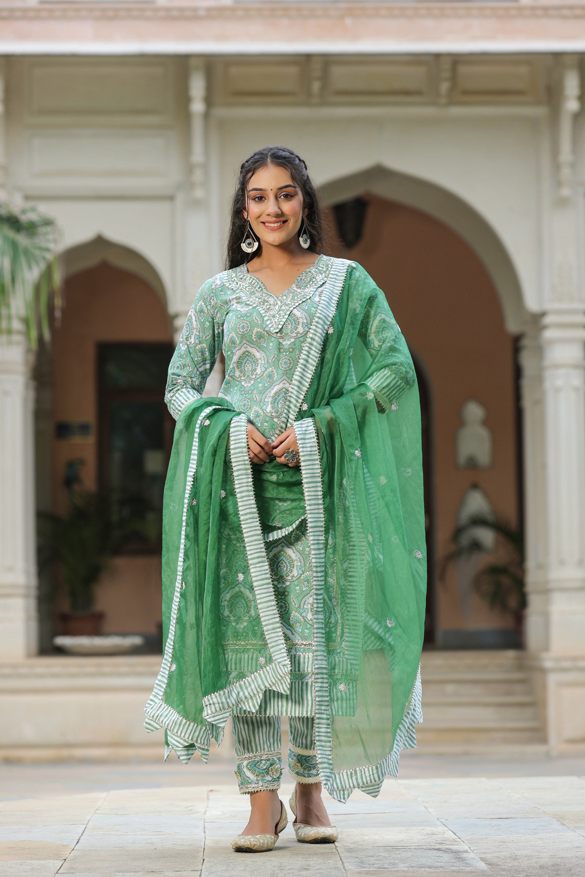 Green Printed Cotton Embroidered Kurta Suit- Set Of 3