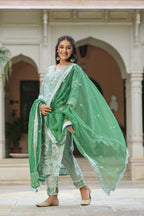 Green Printed Cotton Embroidered Kurta Suit- Set Of 3