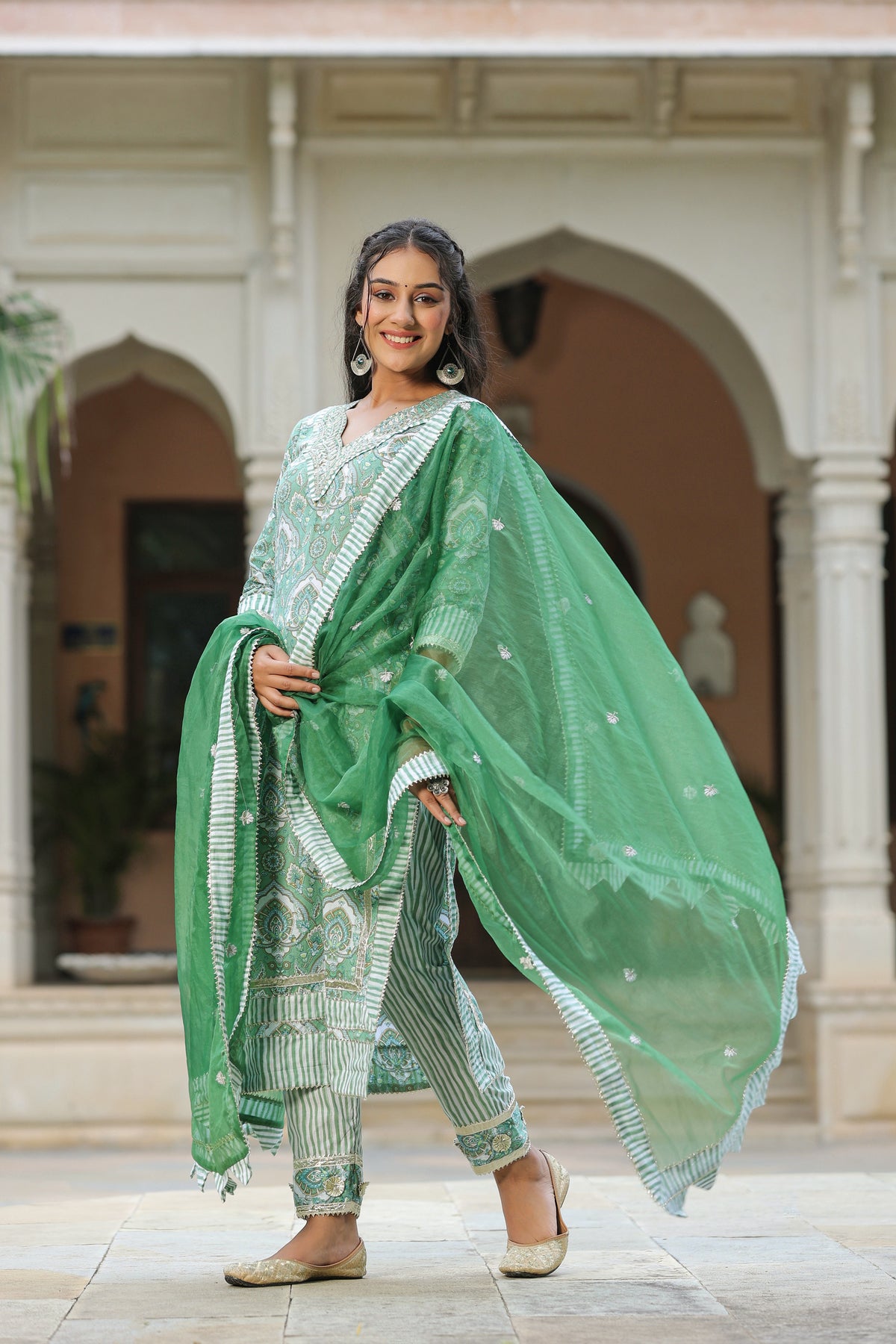 Green Printed Cotton Embroidered Kurta Suit- Set Of 3