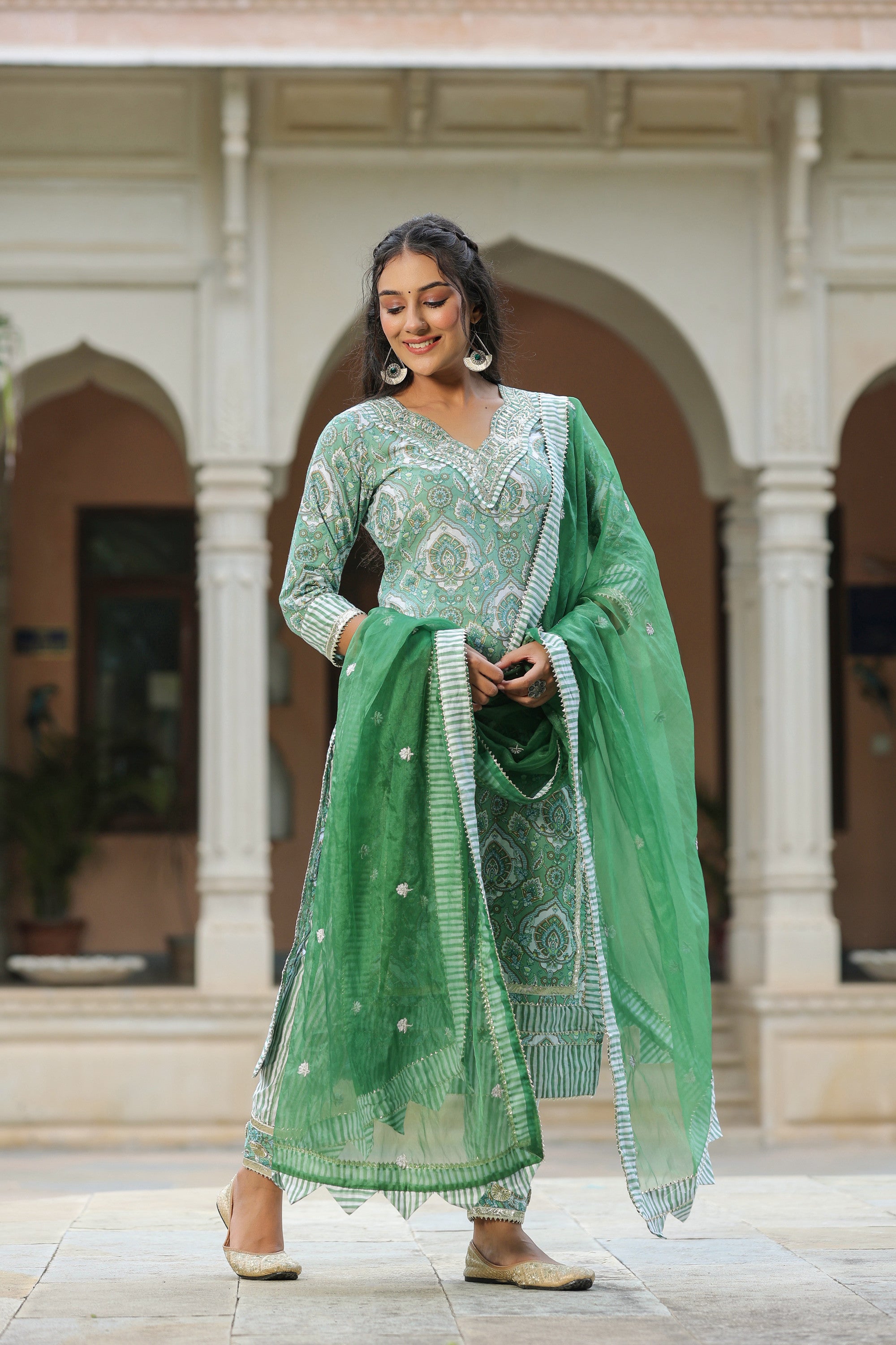 Green Printed Cotton Embroidered Kurta Suit- Set Of 3