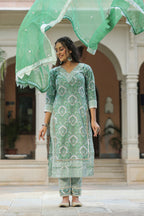 Green Printed Cotton Embroidered Kurta Suit- Set Of 3
