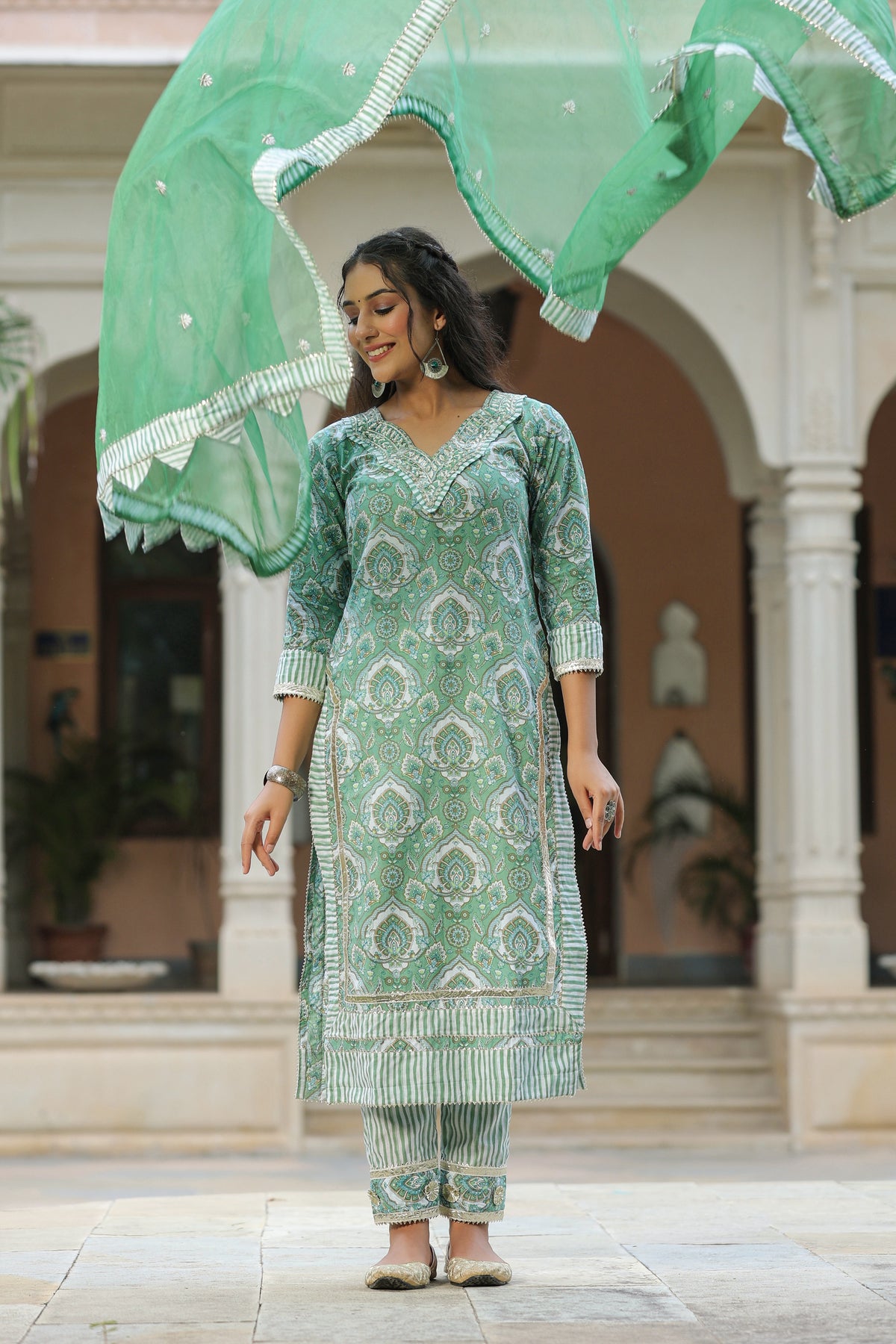 Green Printed Cotton Embroidered Kurta Suit- Set Of 3