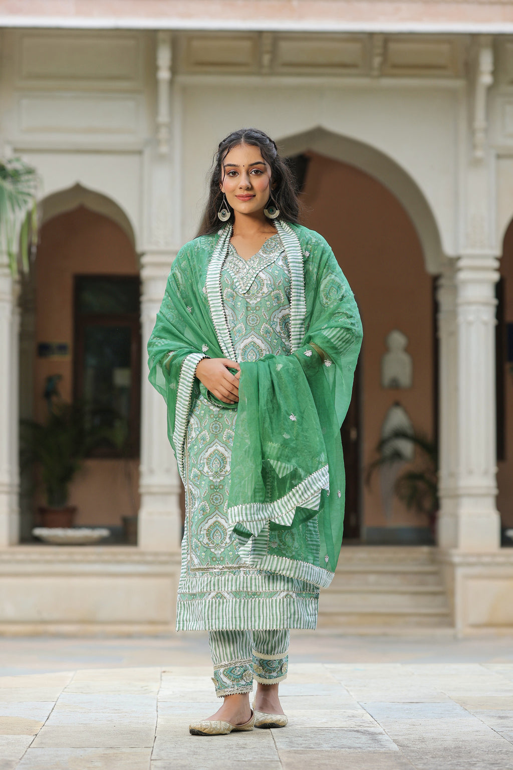 Green Printed Cotton Embroidered Kurta Suit- Set Of 3