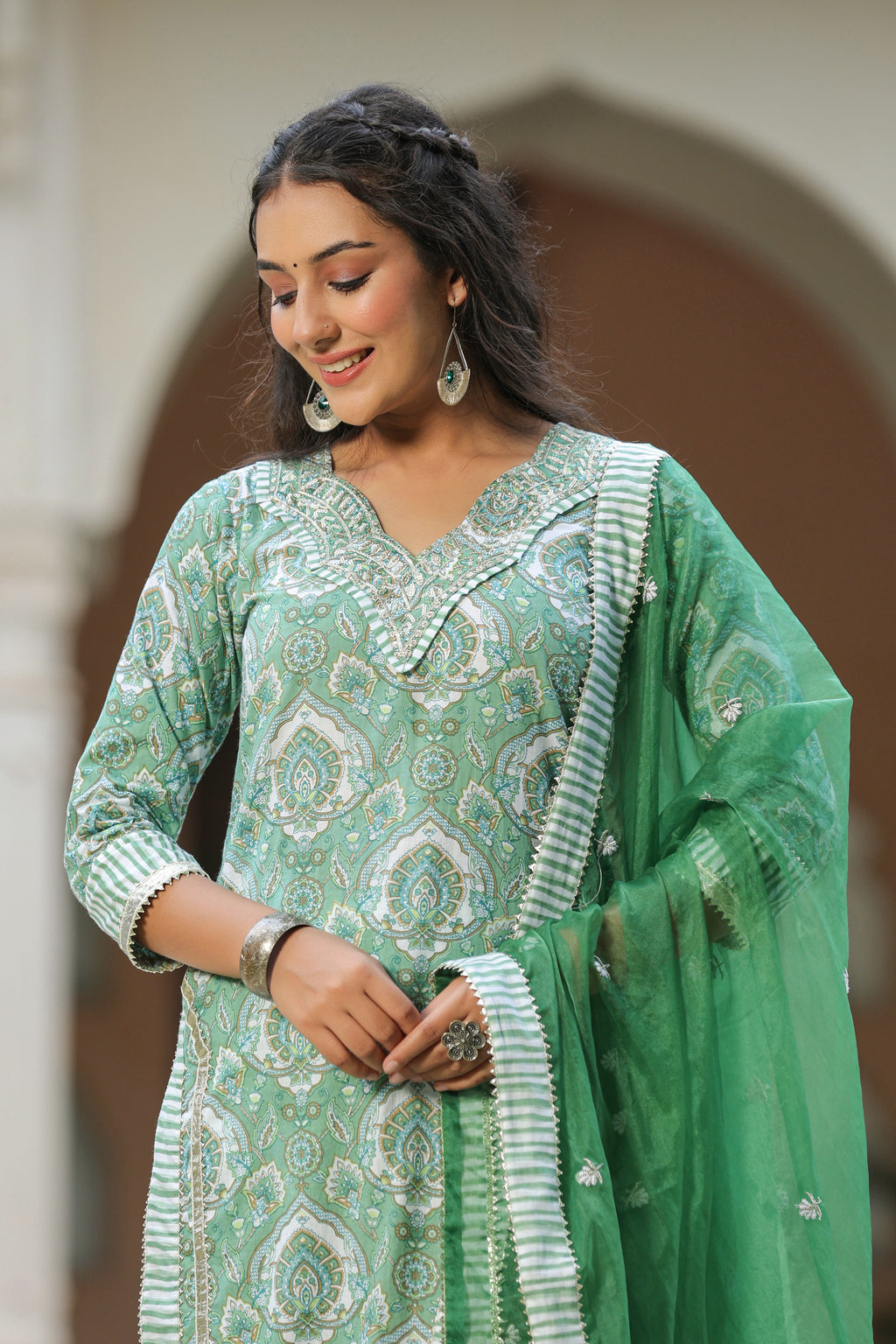 Green Printed Cotton Embroidered Kurta Suit- Set Of 3