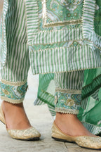 Green Printed Cotton Embroidered Kurta Suit- Set Of 3
