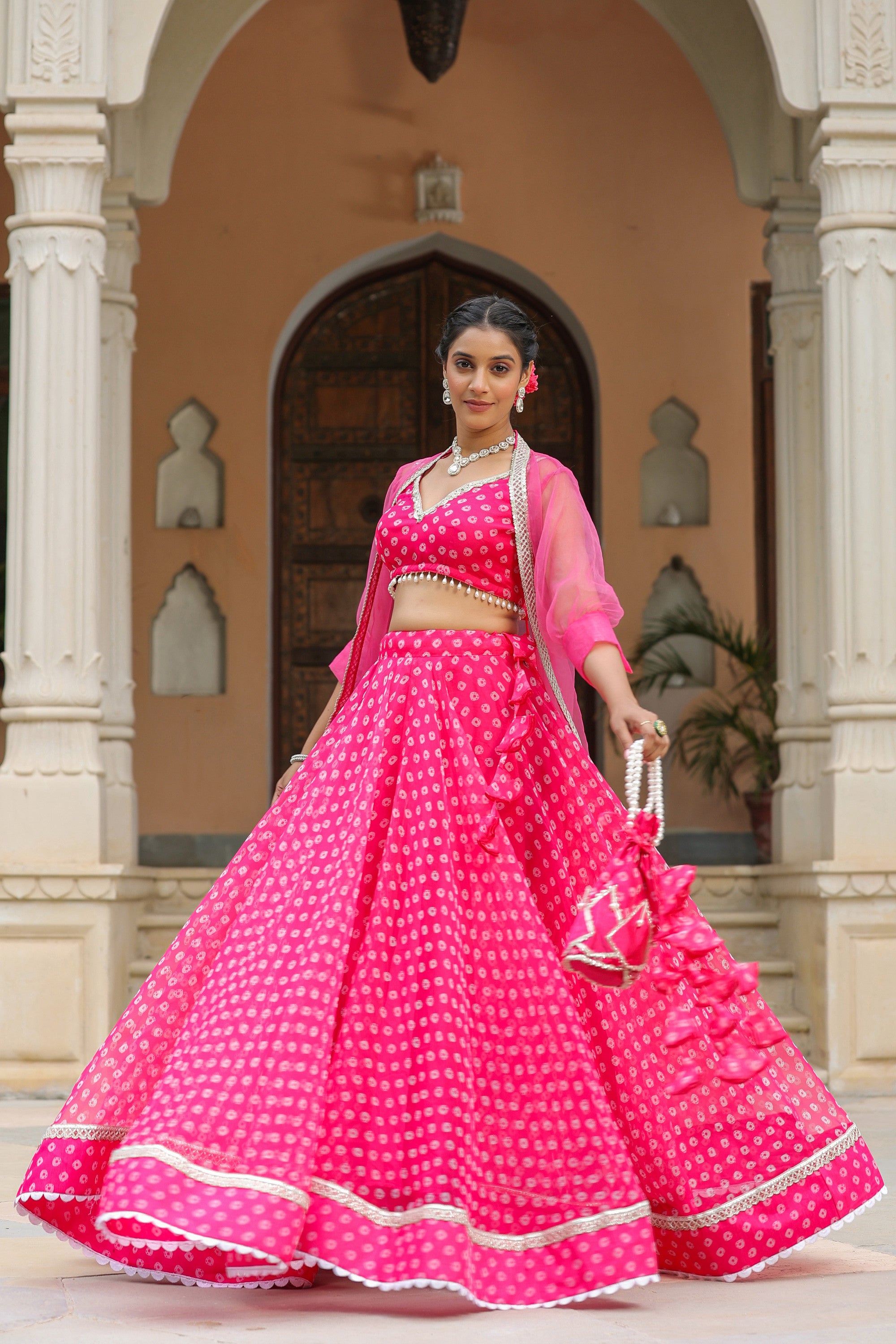Crimson Pink Organza Bandhani Print Lehenga Set