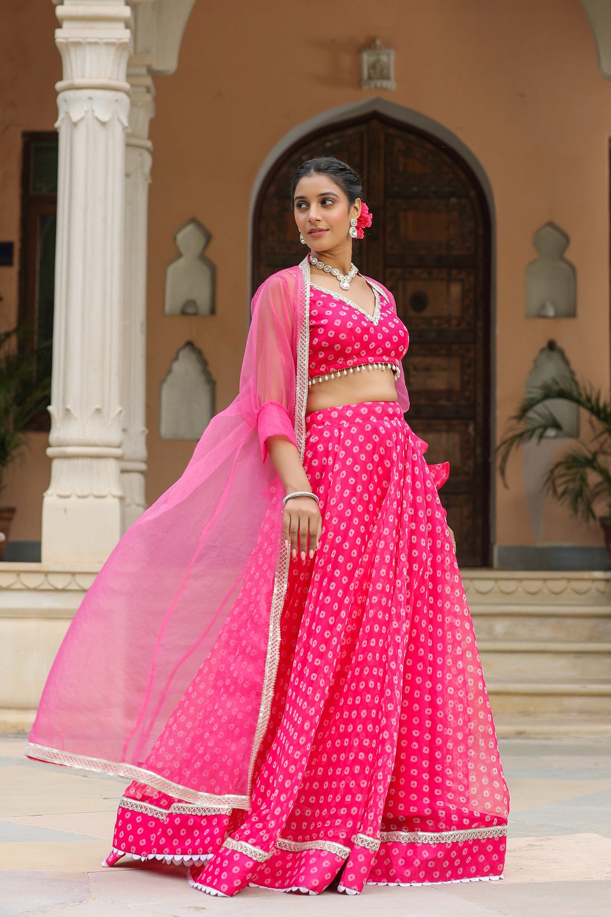 Crimson Pink Organza Bandhani Print Lehenga Set