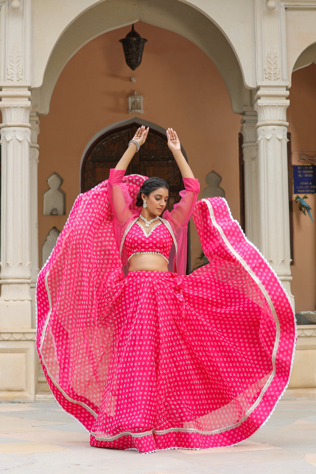 Crimson Pink Organza Bandhani Print Lehenga Set
