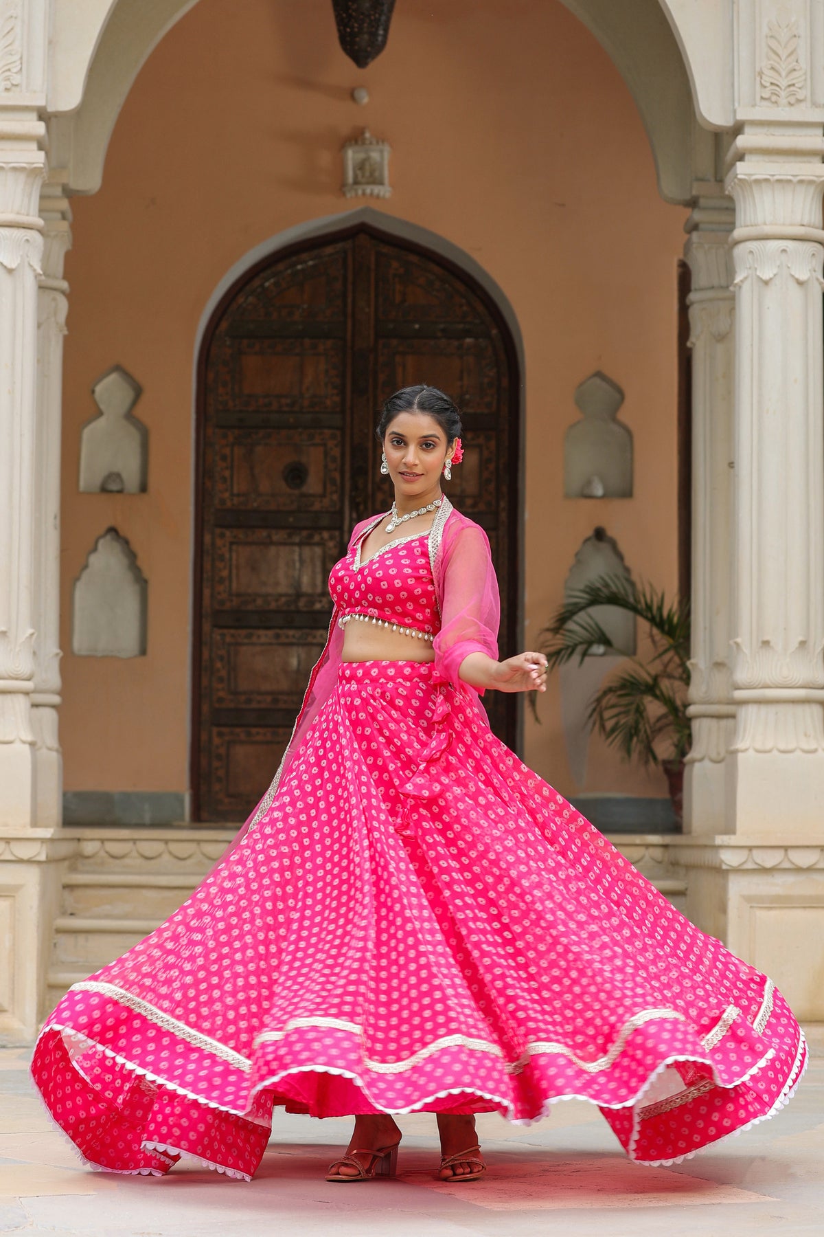 Crimson Pink Organza Bandhani Print Lehenga Set