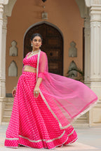 Crimson Pink Organza Bandhani Print Lehenga Set