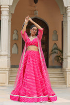 Crimson Pink Organza Bandhani Print Lehenga Set
