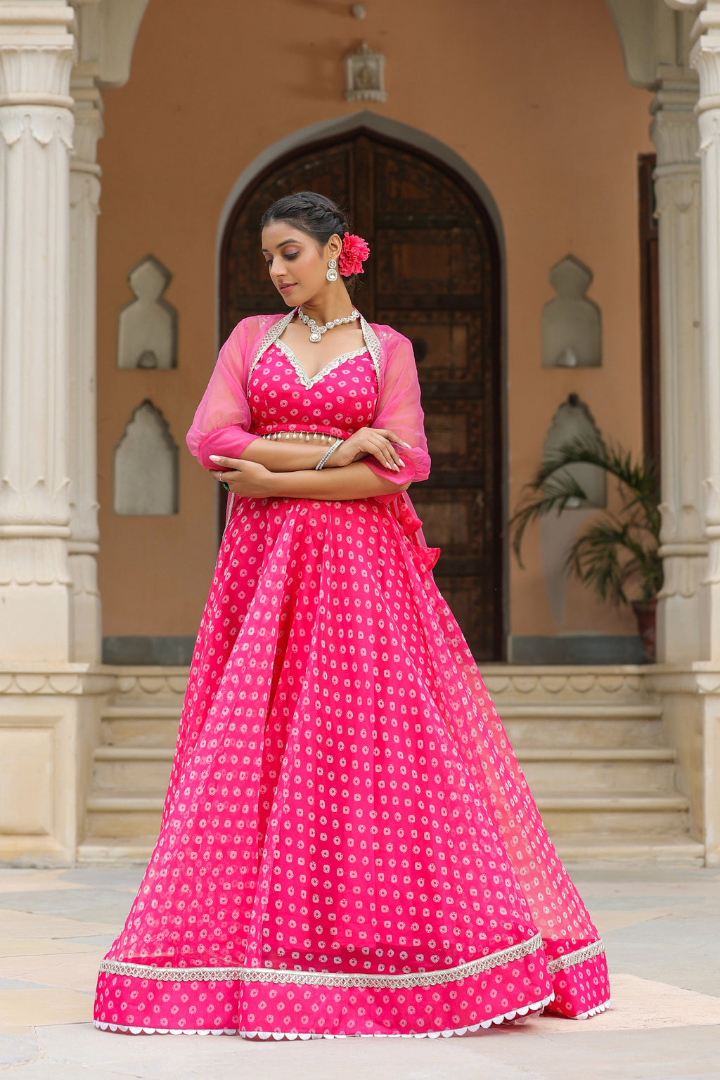 Crimson Pink Organza Bandhani Print Lehenga Set