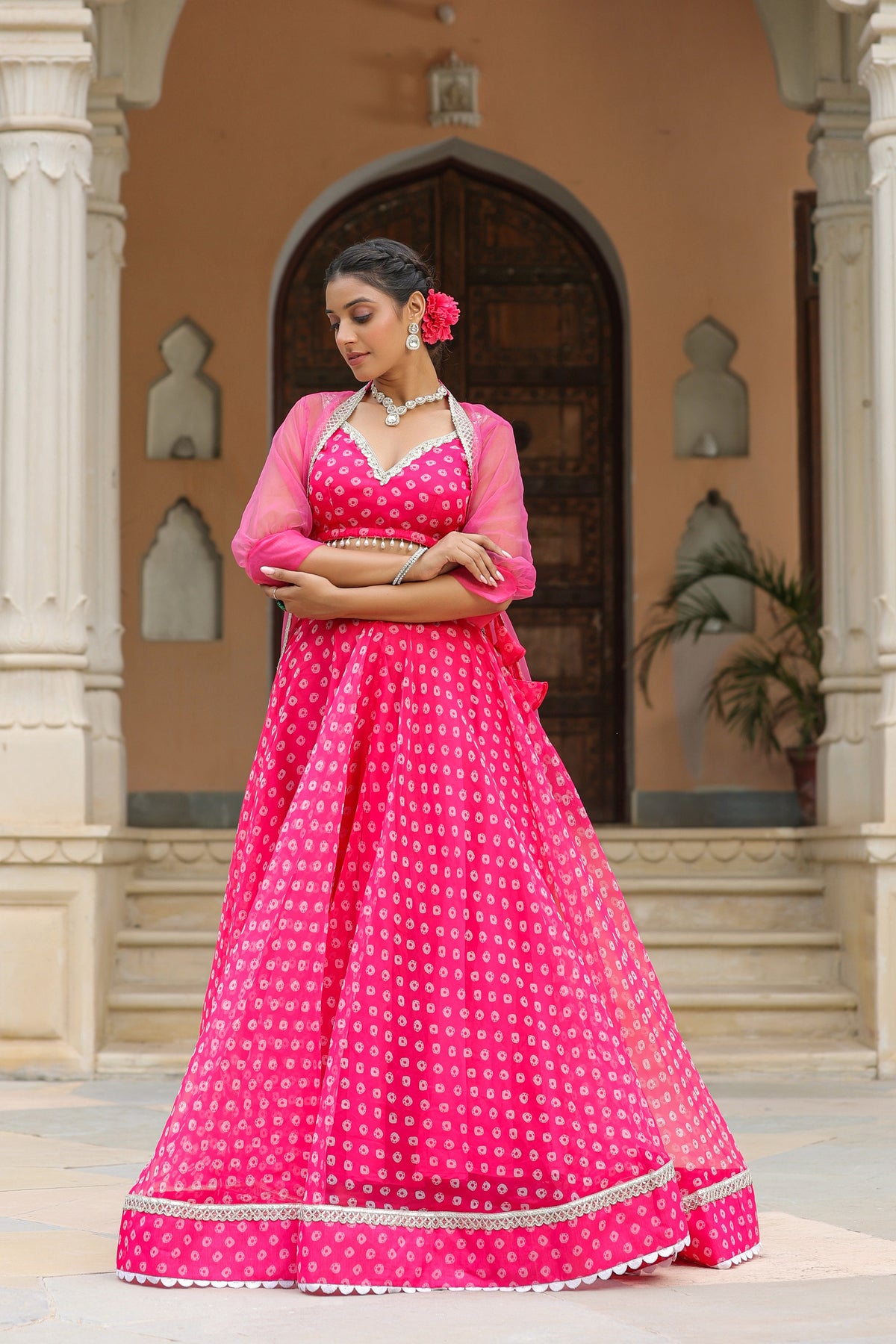 Crimson Pink Organza Bandhani Print Lehenga Set