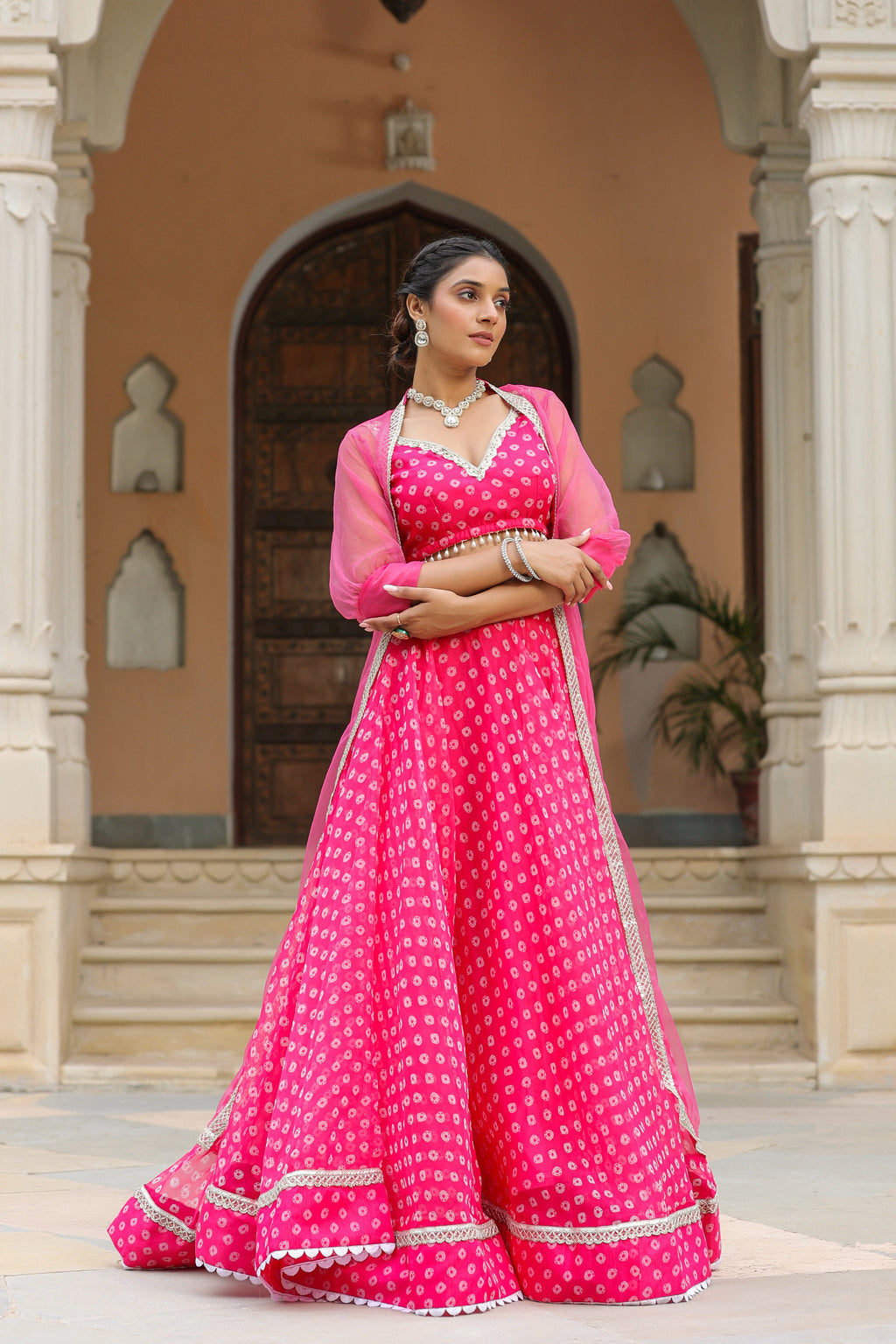 Crimson Pink Organza Bandhani Print Lehenga Set
