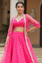 Crimson Pink Organza Bandhani Print Lehenga Set