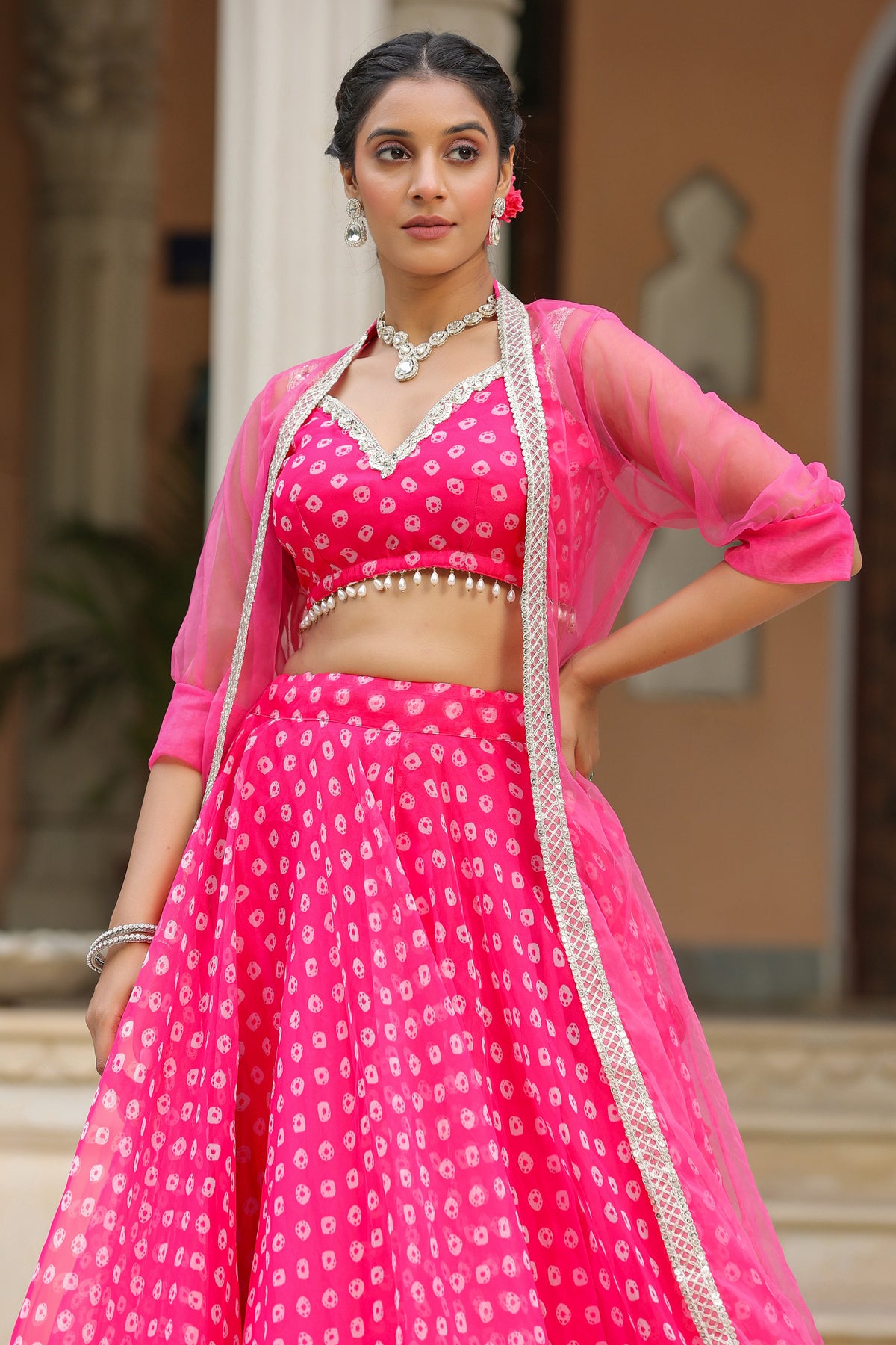 Crimson Pink Organza Bandhani Print Lehenga Set