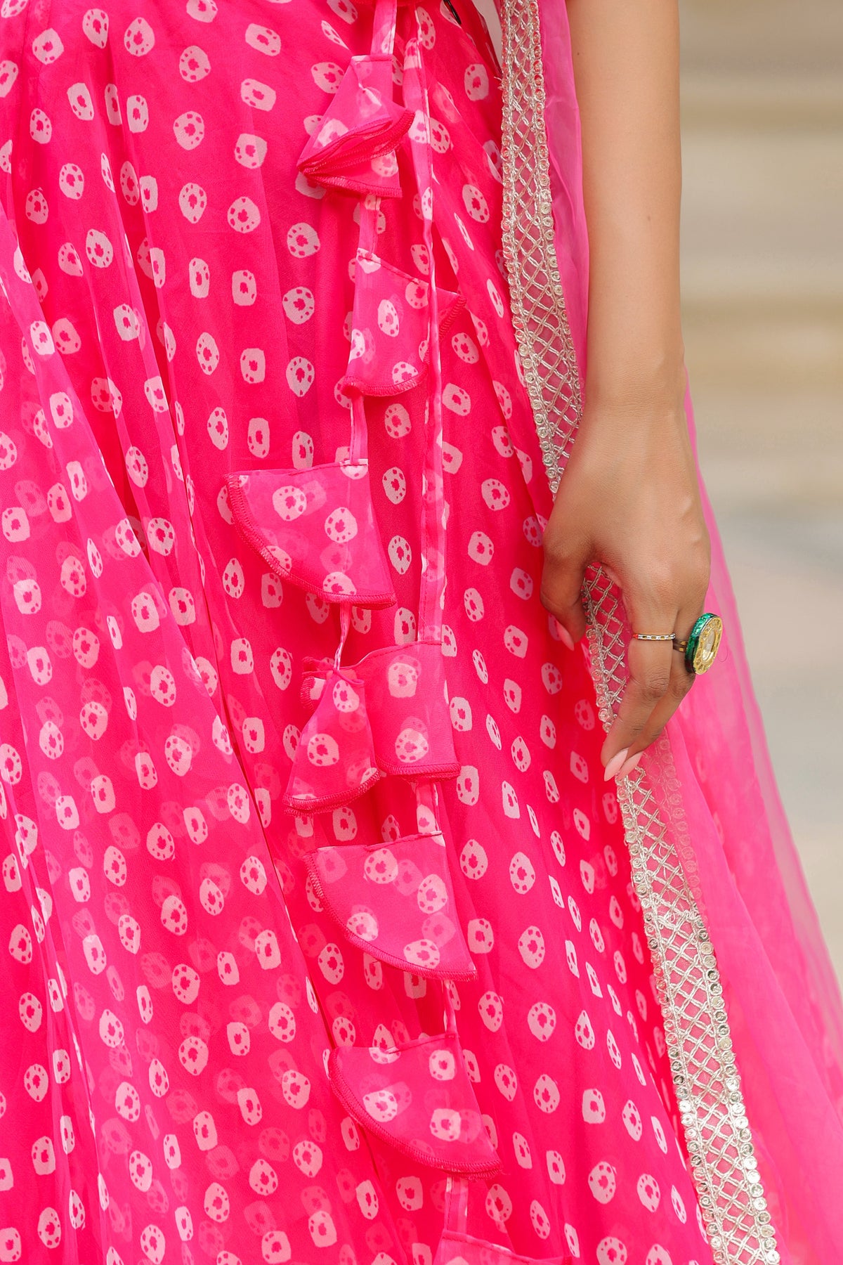 Crimson Pink Organza Bandhani Print Lehenga Set