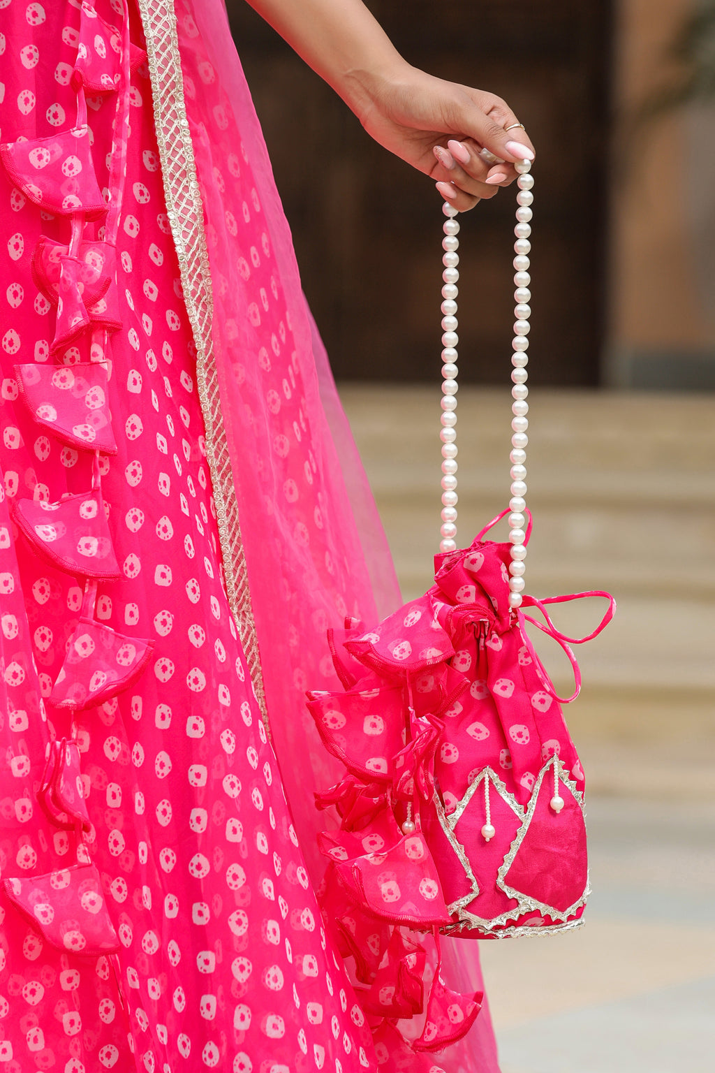 Crimson Pink Organza Bandhani Print Lehenga Set