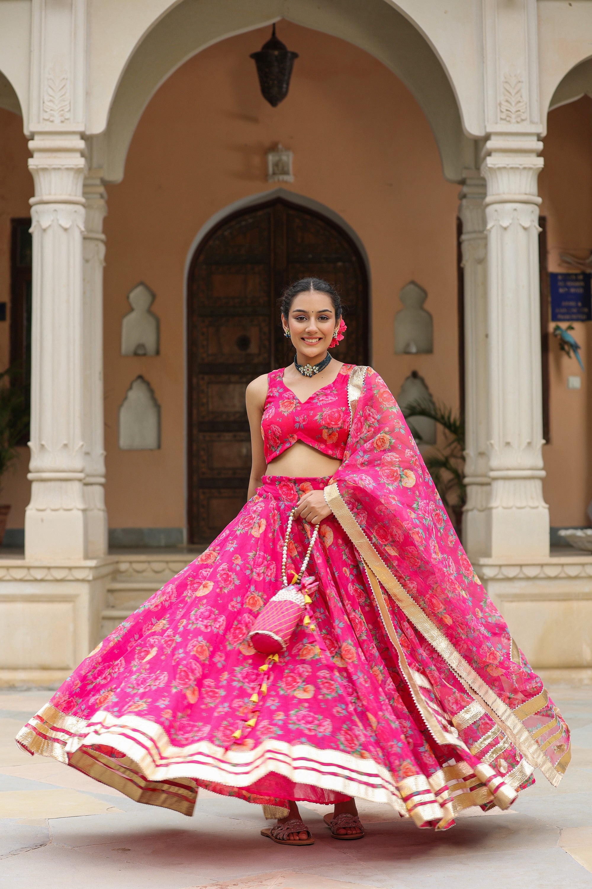 Pink Organza Floral Print Lehenga Set