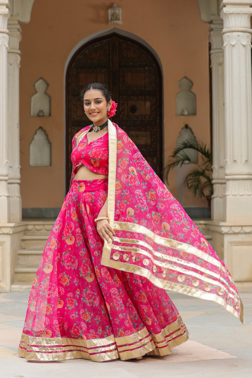 Pink Organza Floral Print Lehenga Set