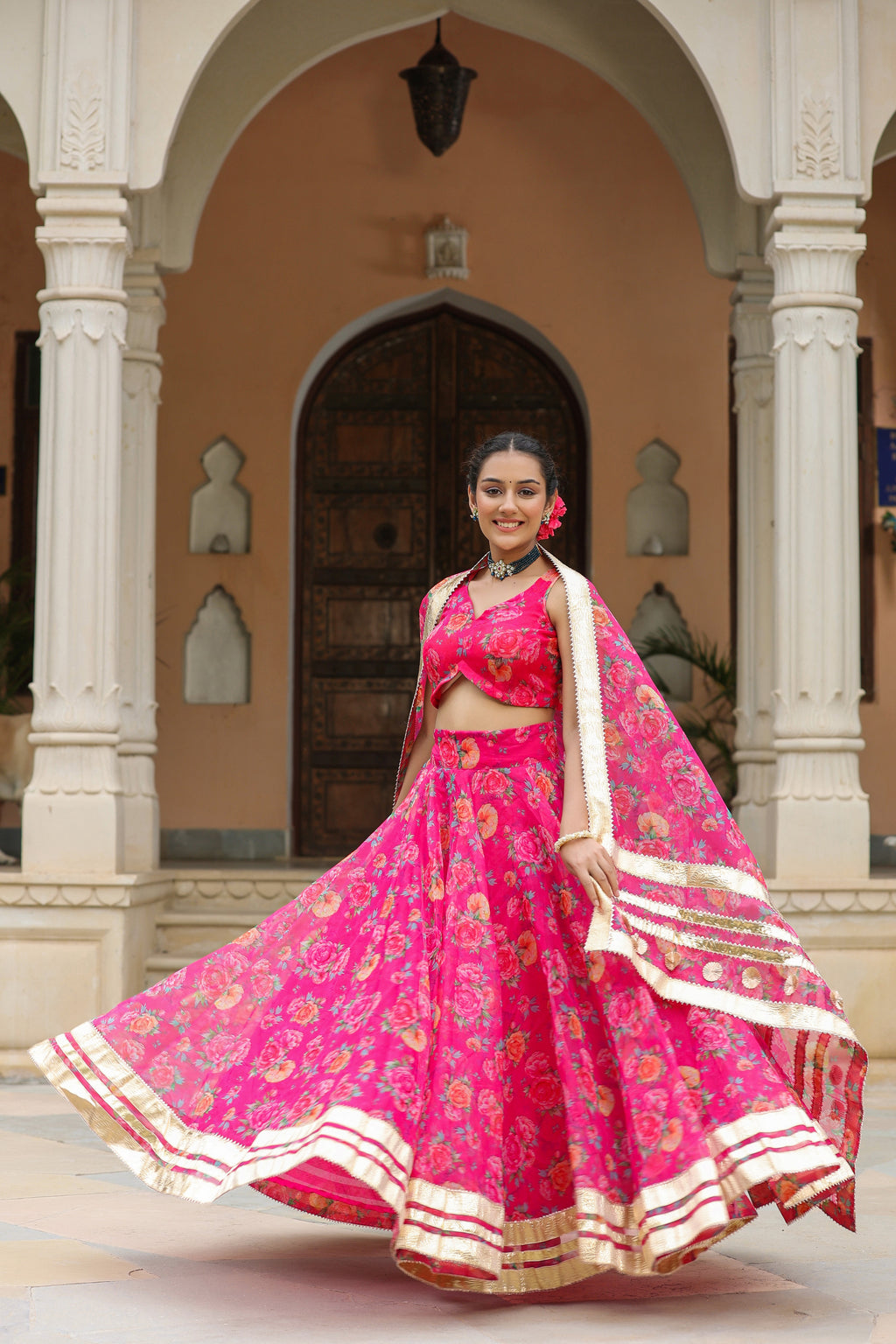 Pink Organza Floral Print Lehenga Set