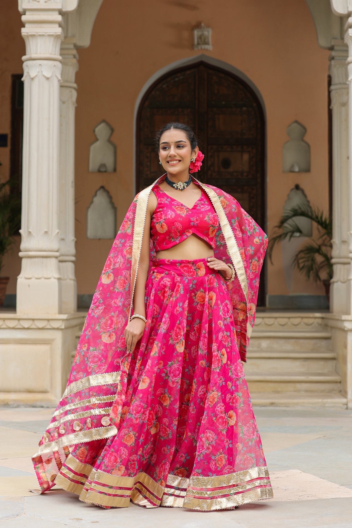 Pink Organza Floral Print Lehenga Set